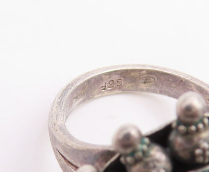 925 Sterling Silver Vintage Ring Round Cabochon Amber Floral Band  Sz 7  RG33799