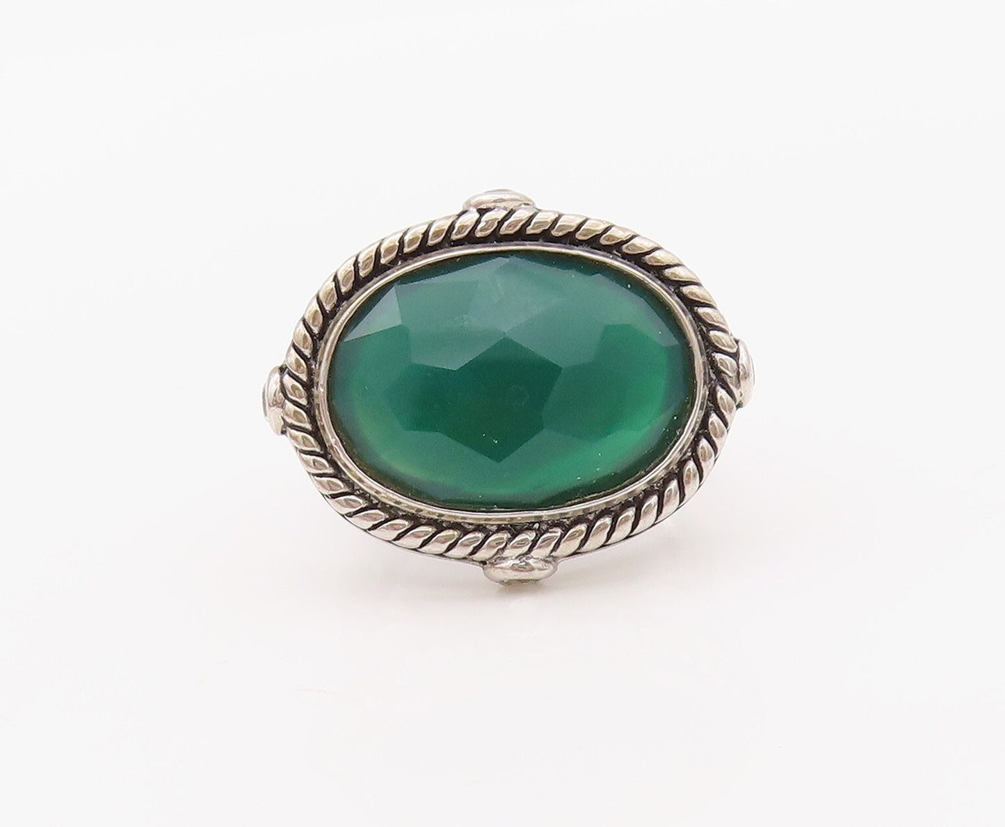 925 Sterling Silver Vintage Ring Twisted Rope Oval Green Onyx & CZ Sz 7  RG30304