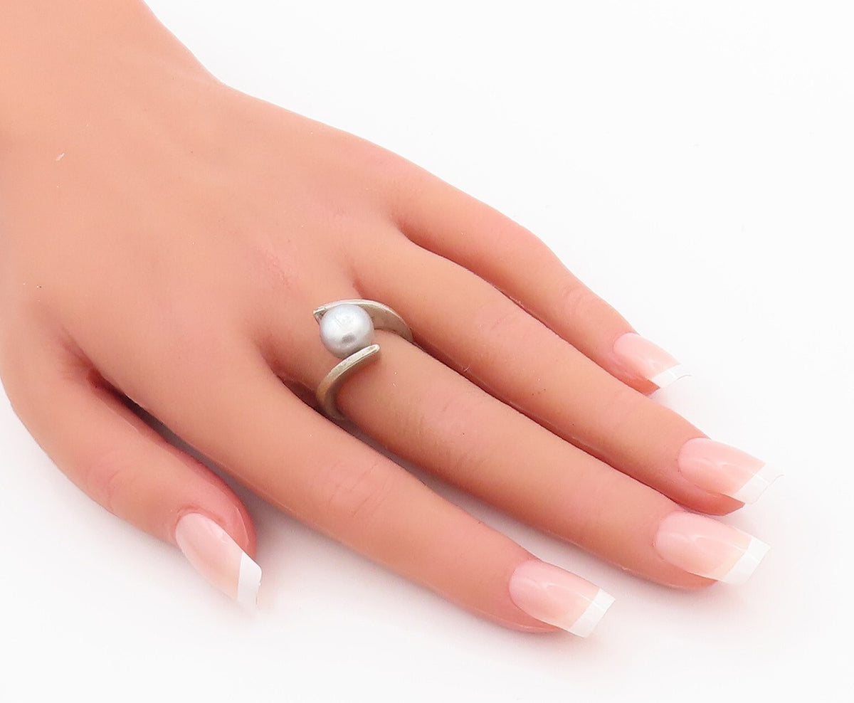 925 Sterling Silver Vintage Ring Designer Grey Pearl Bypass Design  Sz 6 RG29111