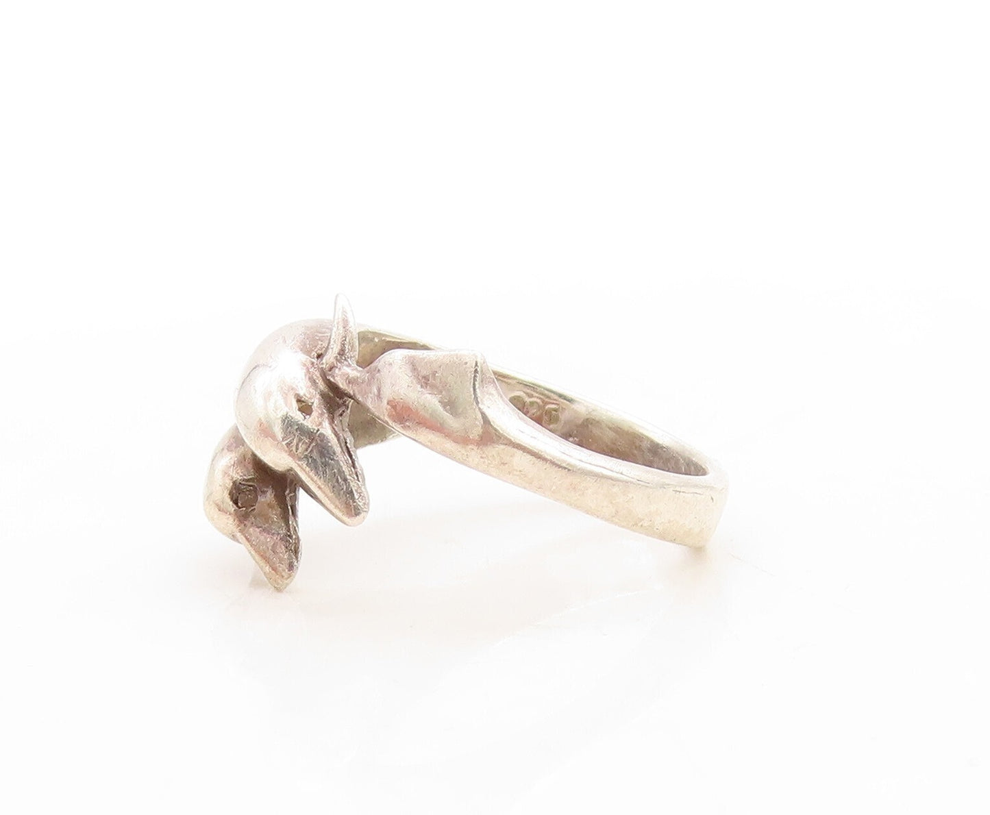 925 Sterling Silver Vintage Ring Solid Carved Diving Dolphins  Sz 8  RG31252