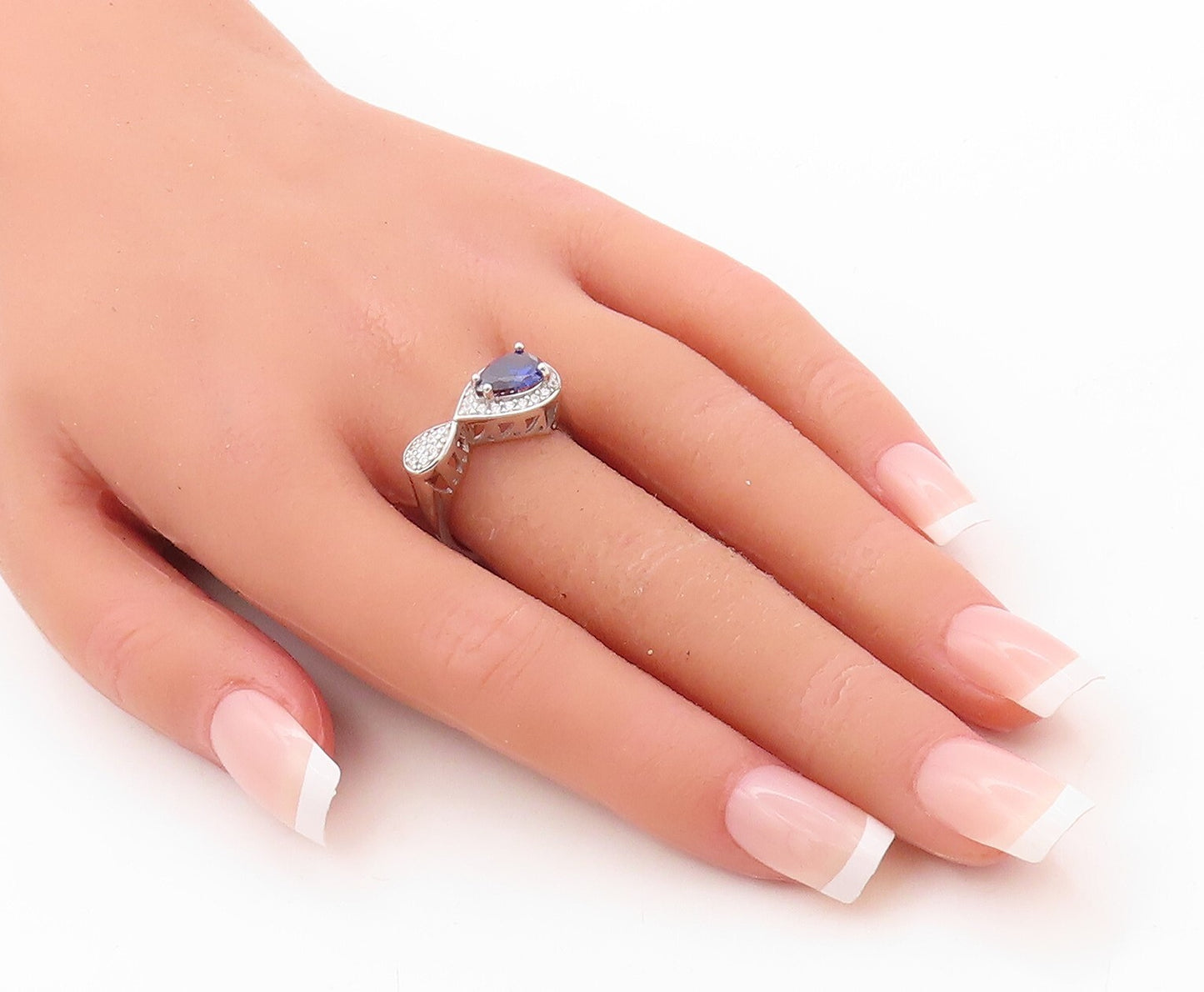 925 Sterling Silver Vintage Ring Designer Drop Cut Sapphire & CZ Sz 7  RG30946