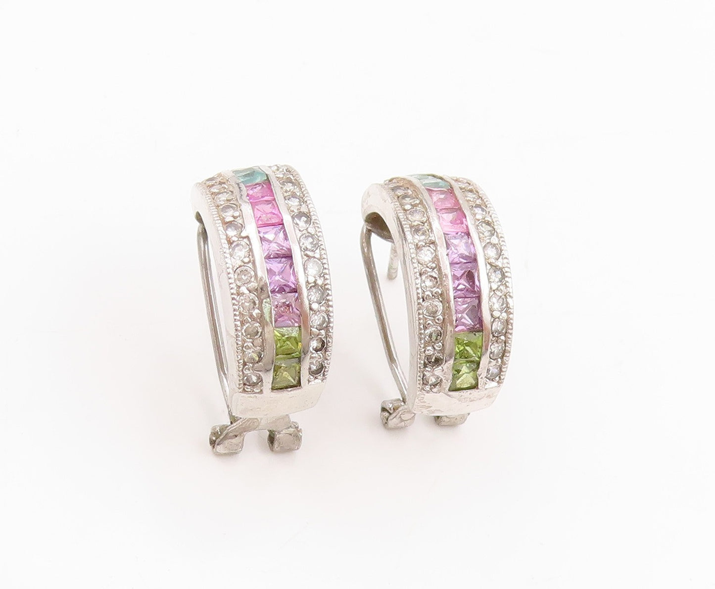 925 Sterling Silver Vintage Earrings Multi Gemstone Channel Set Hoops  EG13740