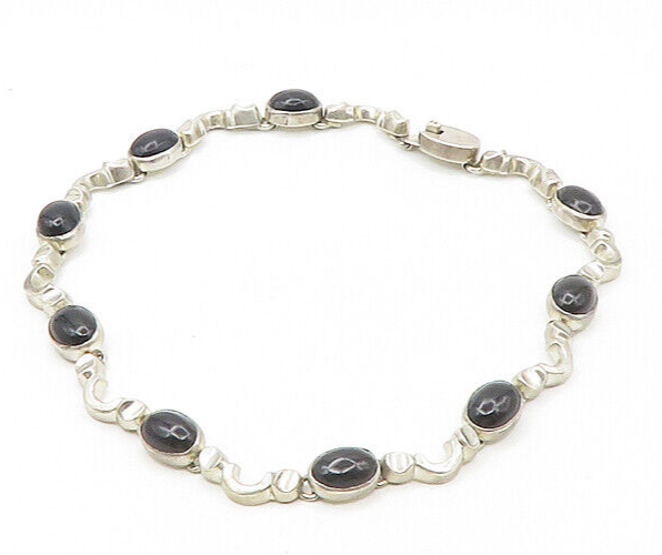 MEXICO 925 Silver  Vintage Heavy Cabochon Black Onyx Chain Necklace  NE2926