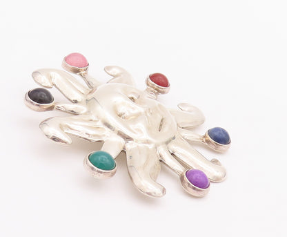 925 Sterling Silver Vintage Brooch Pin MEXICO Multi Gemstone Carved Sun  BP10743