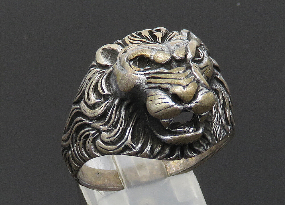 925 Sterling Silver  Vintage Dark Tone Lion's Head Band Ring Sz 13  RG20261