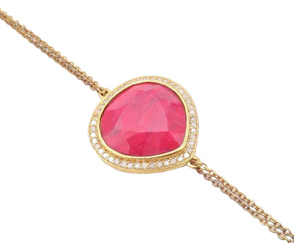 925 Sterling Silver Vintage Bracelet Gold Plated Red Gemstone & Diamonds BT10723