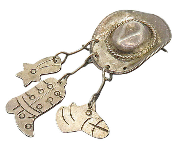 MEXICO 925 Sterling Silver  Vintage Charmed Cowboy Hat Brooch Pin  BP7962