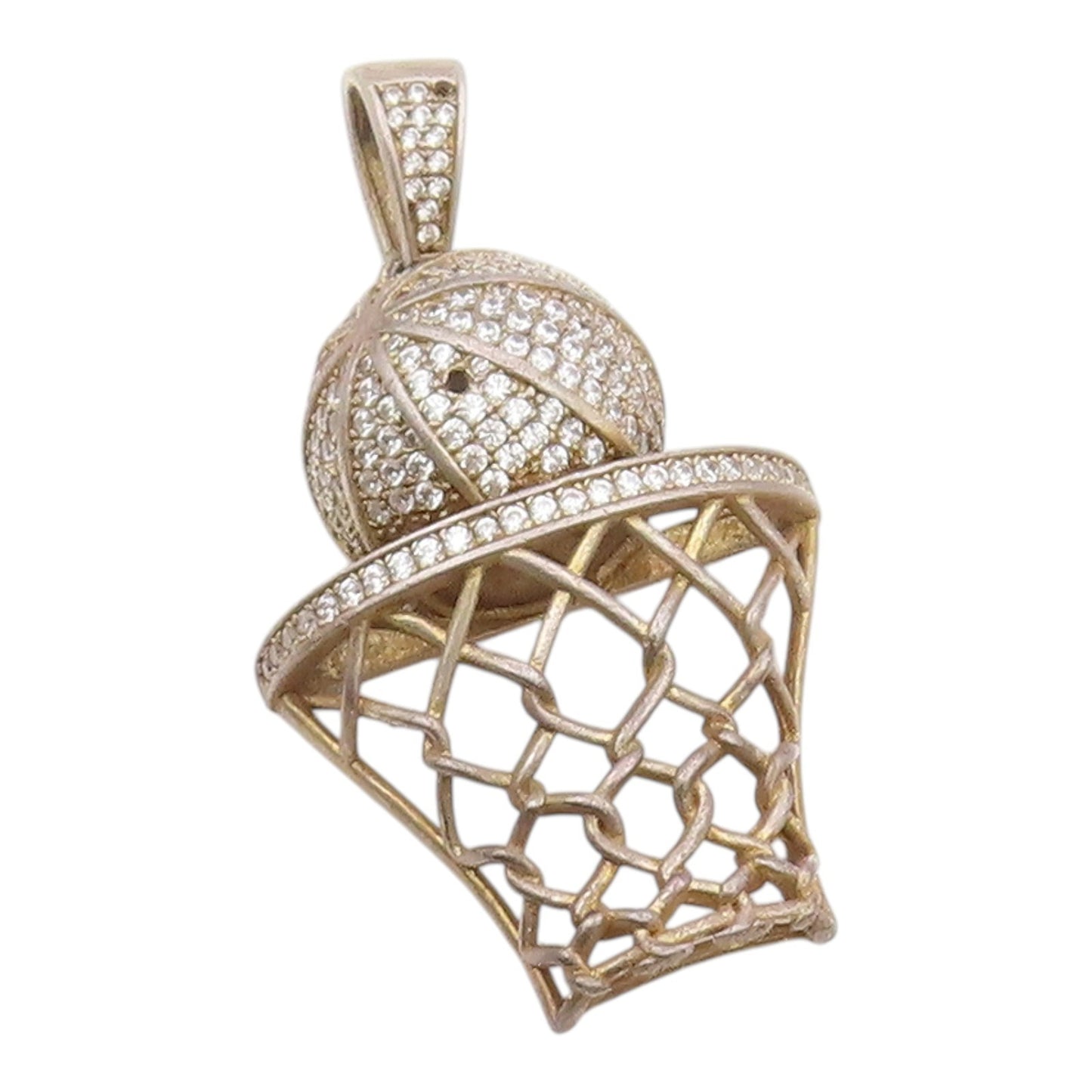 925 Sterling Silver  Vintage Topaz Basketball & Hoop Sports Pendant  PT10131