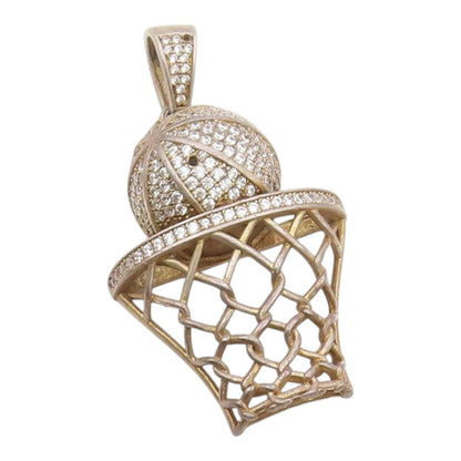 925 Sterling Silver  Vintage Topaz Basketball & Hoop Sports Pendant  PT10131