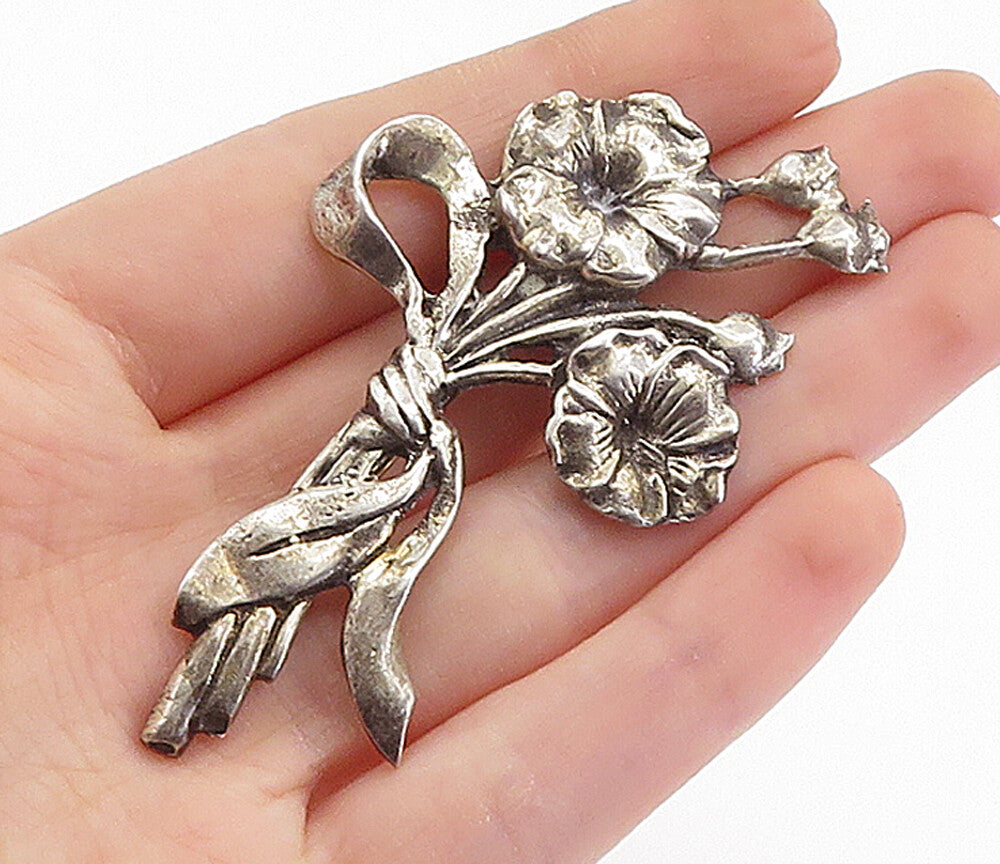 925 Sterling Silver Vintage Antique Ribbon Tied Flowers Brooch Pin BP2687