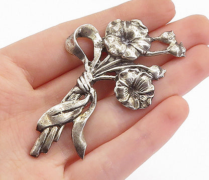 925 Sterling Silver Vintage Antique Ribbon Tied Flowers Brooch Pin BP2687
