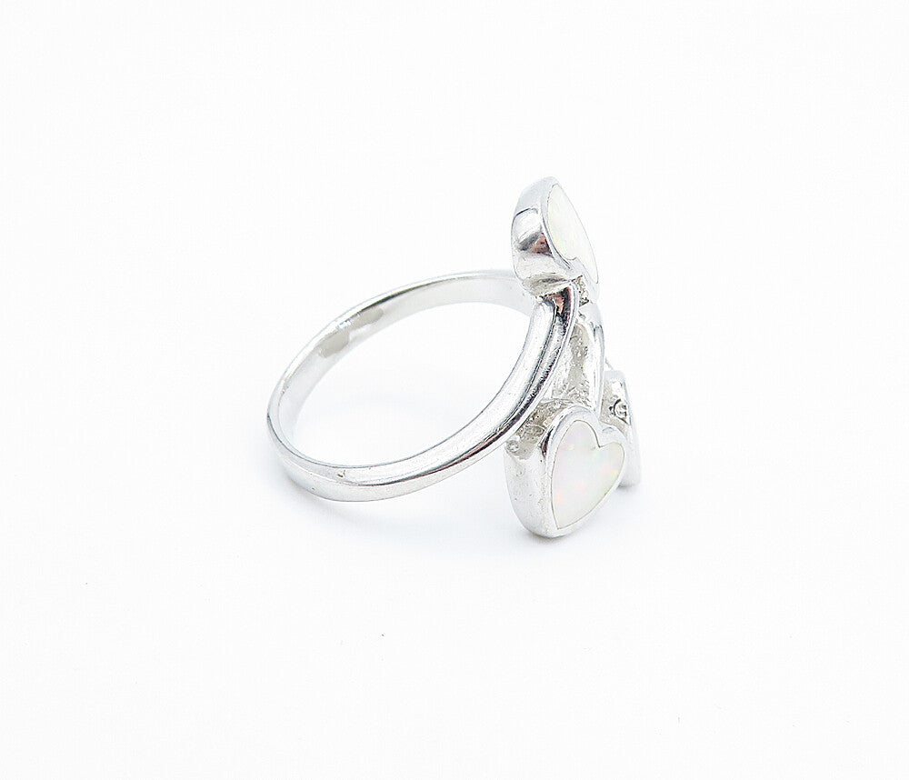 925 Sterling Silver Fire Opal Love Hearts Bypass Band Ring Sz 6.5 RG7923