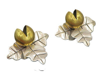 MEXICO 925 Sterling Silver  Vintage 2 Tone Floral Leaf Drop Earrings  EG6123