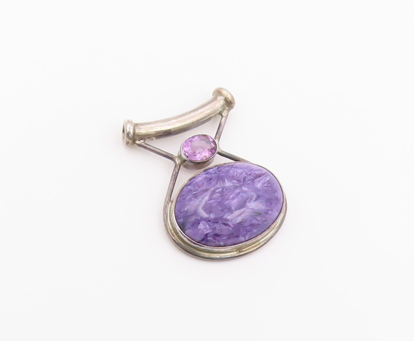 925 Sterling Silver Vintage Pendant SAJEN Oval Charoite & Amethyst Charm PT26426