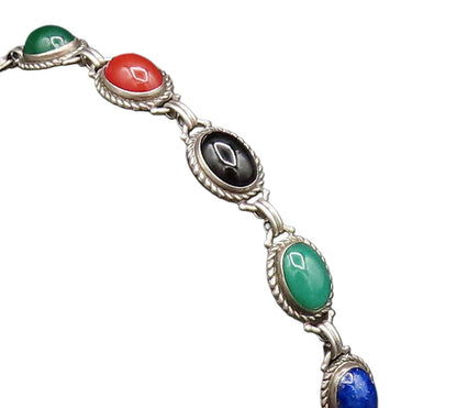 DANECRAFT 925 Silver  Vintage Onyx Lapis Lazuli & Carnelian Bracelet  BT9723