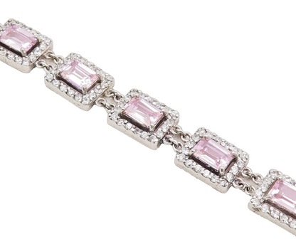 925 Sterling Silver Vintage Bracelet Rectangle Link Pink Halo White CZ  BT10249
