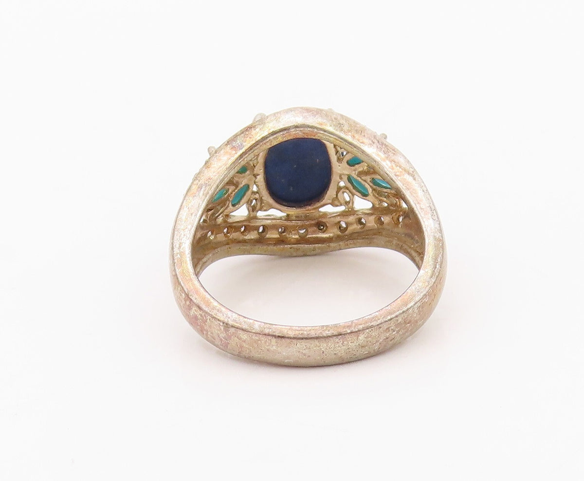 925 Sterling Silver Vintage Ring Diamonds, Turquoise & Lapis lazuli SZ 8 RG32091