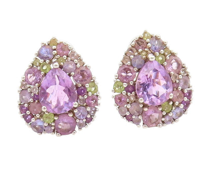 925 Sterling Silver Vintage Earrings Muti Gemstone Teardrop Cluster Stud EG13769