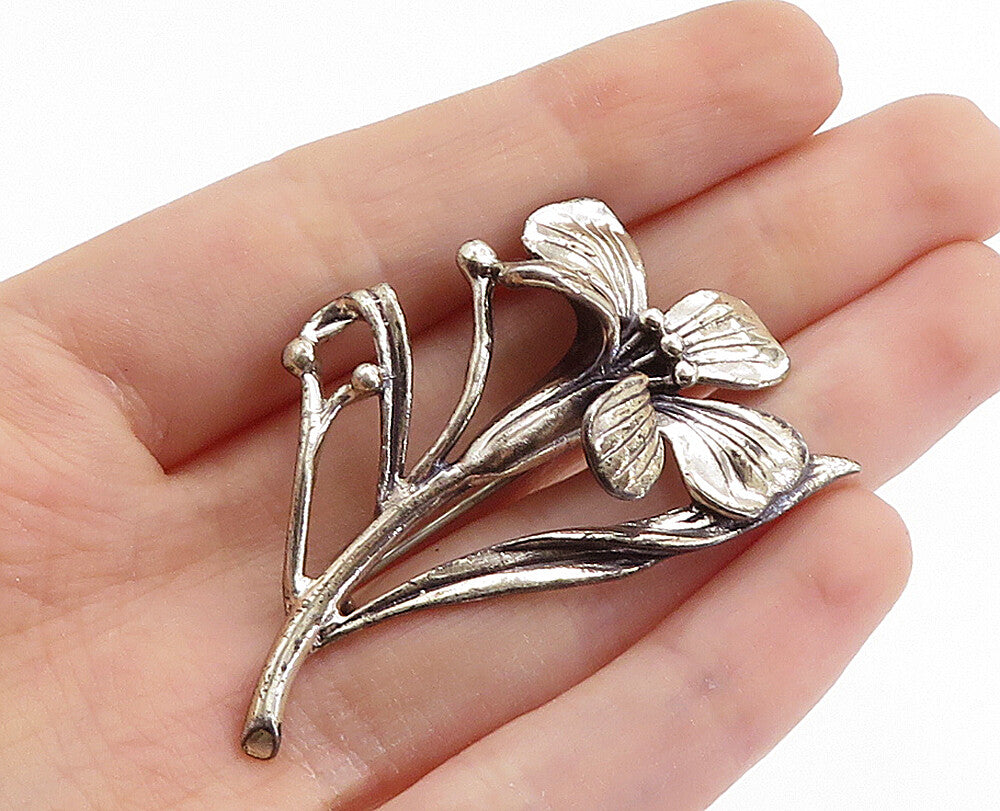 JEWELART 925 Silver Vintage Shiny Sculpted Flower Motif Brooch Pin BP2657