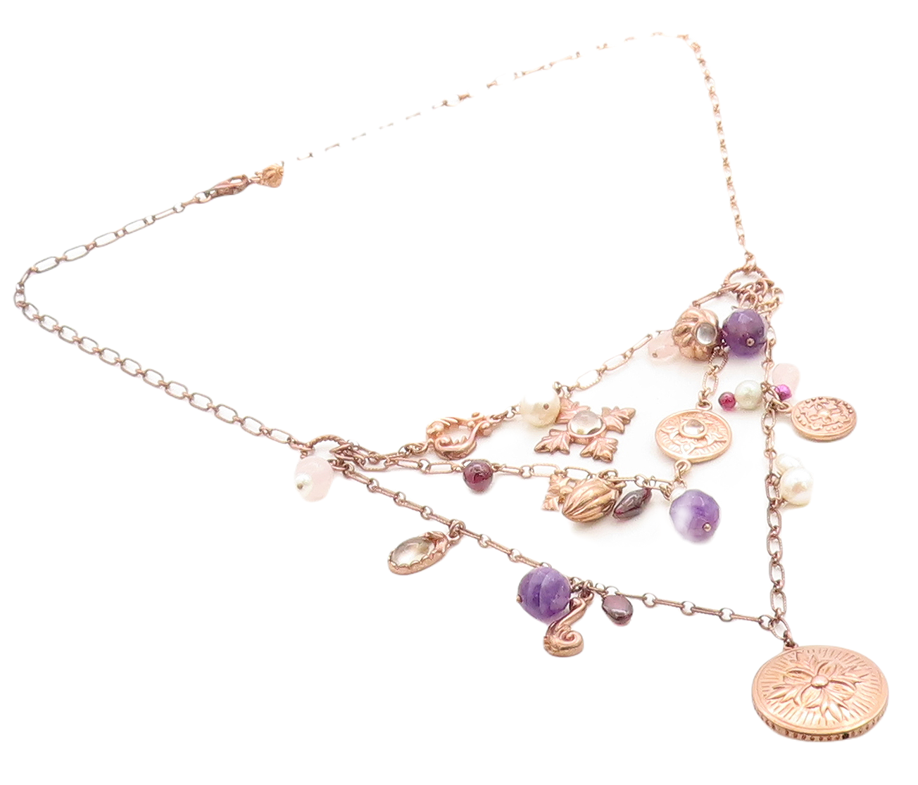925 Silver  Vintage Pearls Amethyst & Quartz Floral Chain Necklace  NE1017
