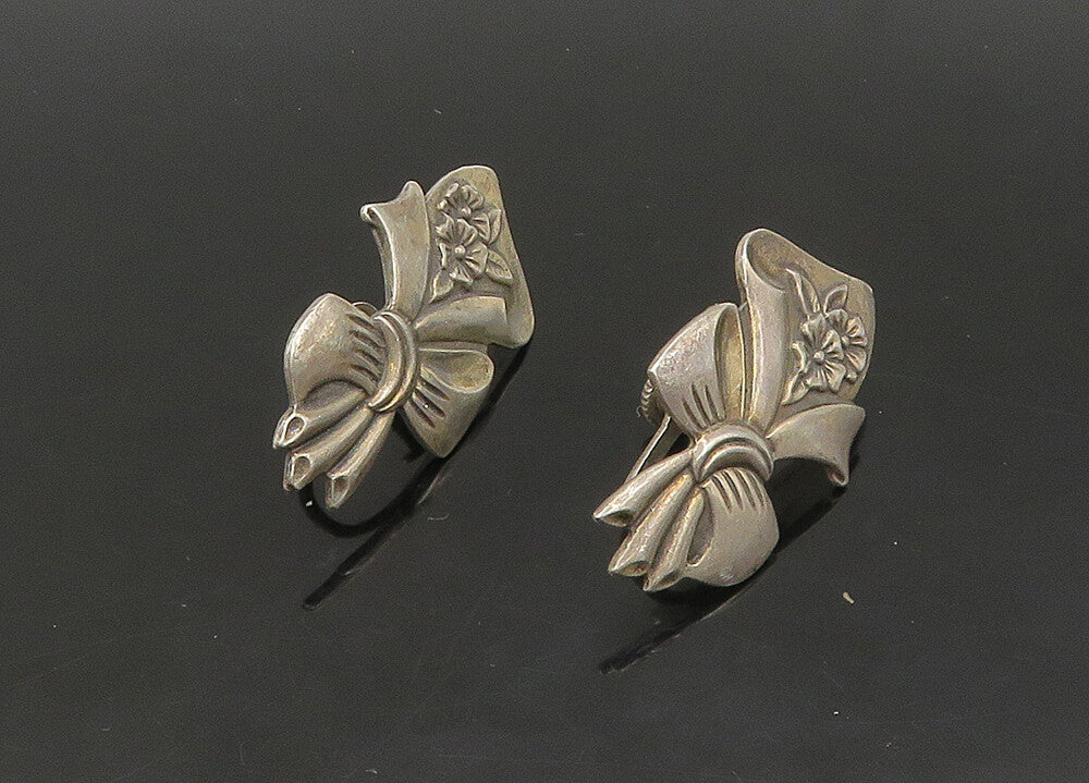 925 Silver  Vintage Antique Floral Ribbon Bow Non Pierce Earrings  EG11402