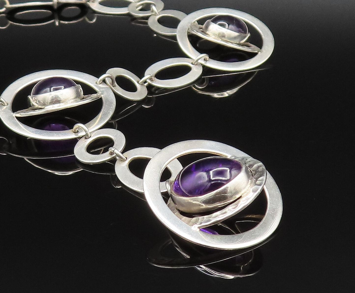 925 Silver  Vintage Hammered & Shiny Open Circle Amethyst Necklace  NE3899