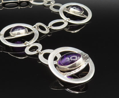 925 Silver  Vintage Hammered & Shiny Open Circle Amethyst Necklace  NE3899