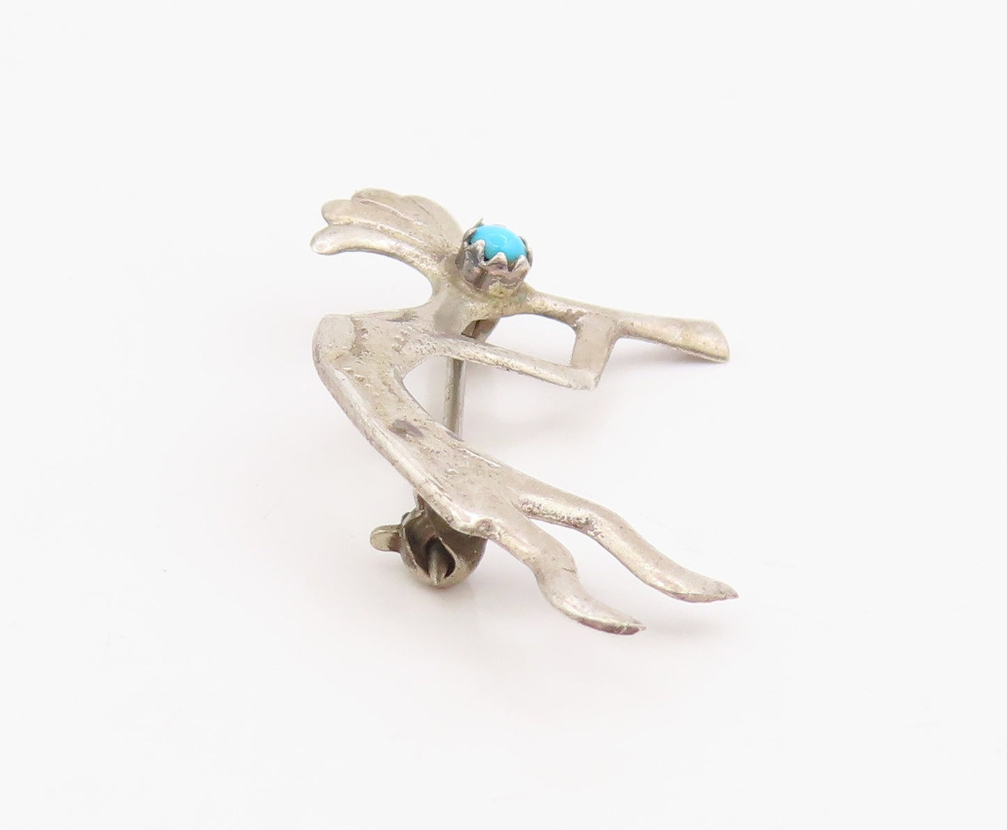 925 Sterling Silver Vintage Brooch Pin NAVAJO Turquoise Kokopelli Flute  BP12232