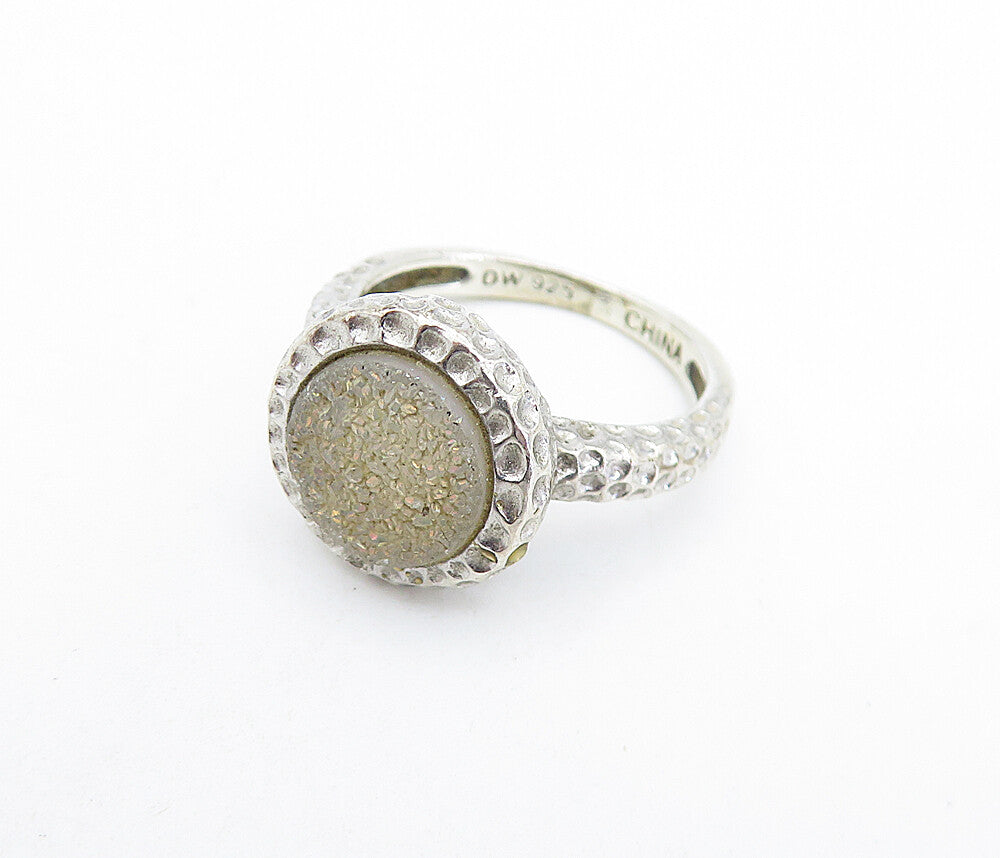 925 Sterling Silver  Vintage Druzy Stone Hammered Cocktail Ring Sz 6  RG7638