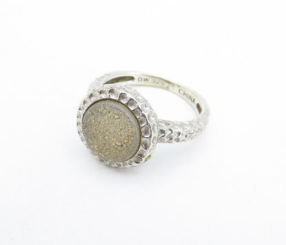 925 Sterling Silver  Vintage Druzy Stone Hammered Cocktail Ring Sz 6  RG7638