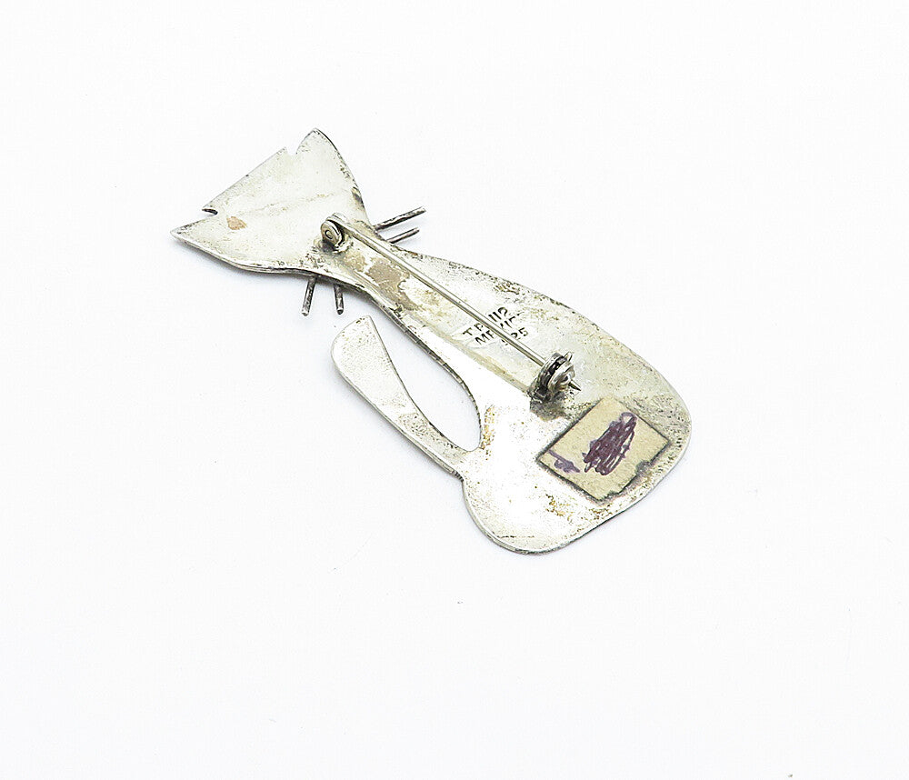MEXICO 925 Sterling Silver  Vintage Etched Sitting Cat Motif Brooch Pin BP2158