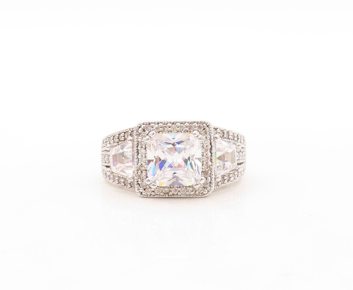925 Sterling Silver Vintage Ring Designer Square Cut CZ Inlay  Sz 7  RG30936