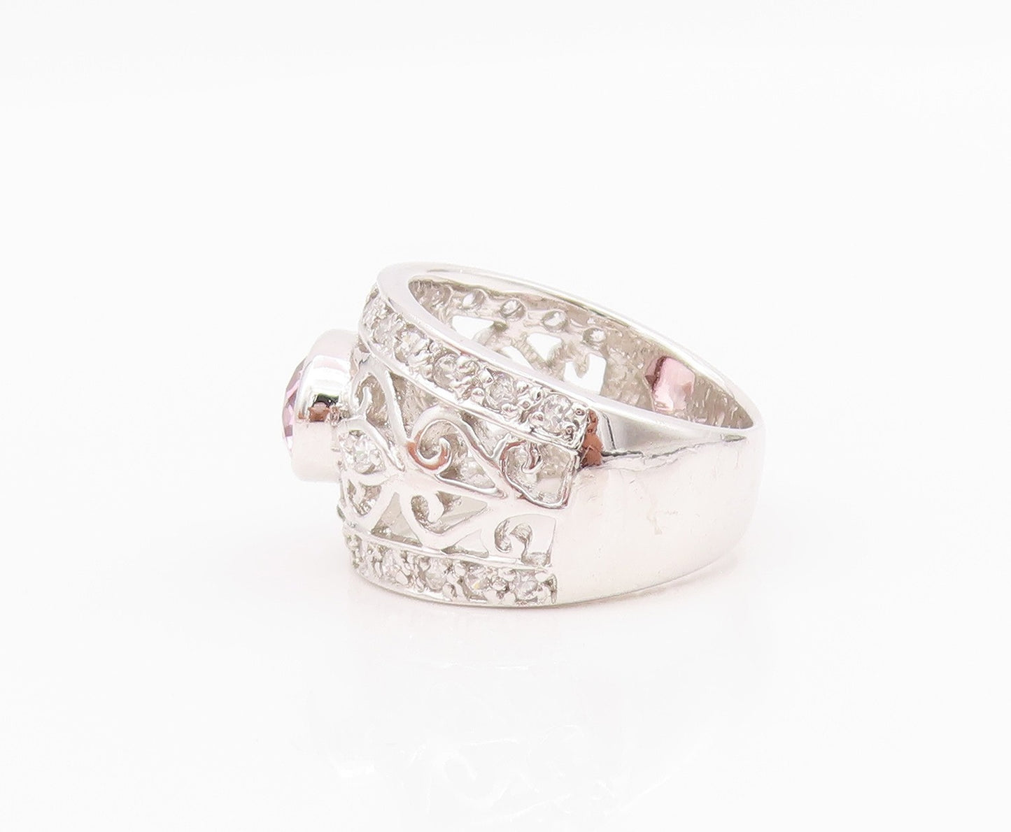 925 Sterling Silver Vintage Ring Designer 2 Tone CZ Swirls Cutout  Sz 5  RG33086