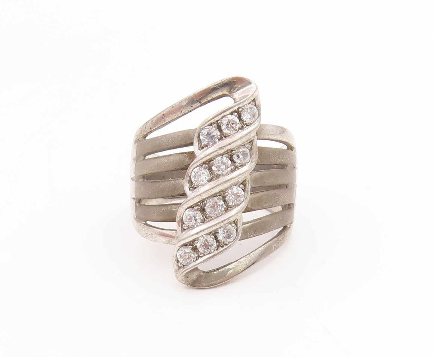 925 Sterling Silver Vintage Ring Multi Row CZ Wave Design Band  Sz 8  RG34934