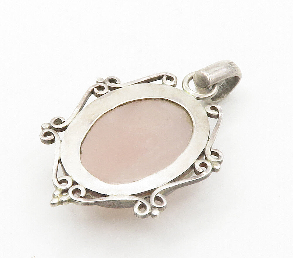 925 Sterling Silver  Vintage Cabochon Cut Rose Quartz Swirl Pendant  PT11730