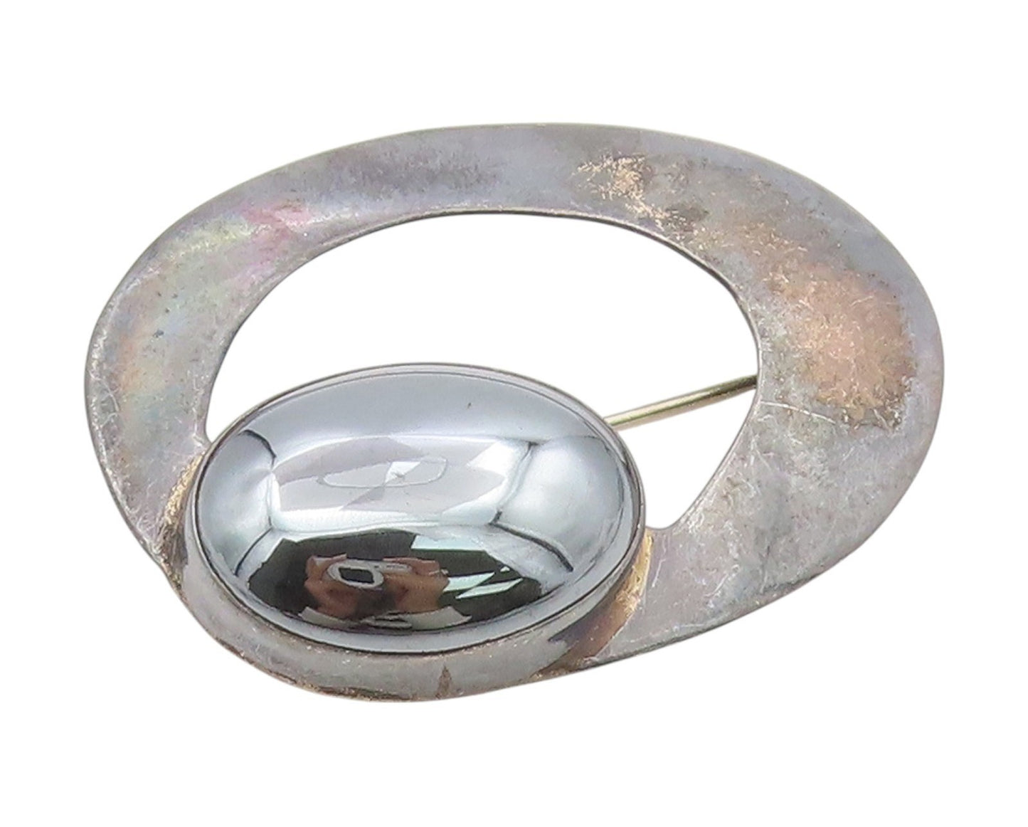 925 Sterling Silver Vintage Brooch Oval Hematite Modernist Geometric Pin BP12145