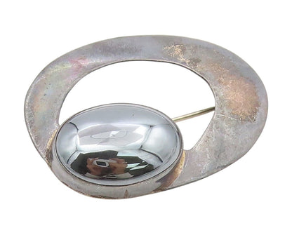 925 Sterling Silver Vintage Brooch Oval Hematite Modernist Geometric Pin BP12145
