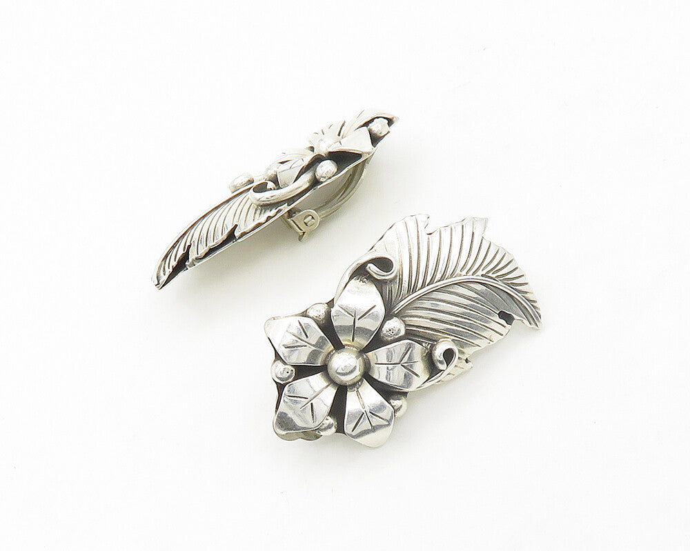 MEXICO 925 Sterling Silver  Vintage Floral Motif Non Pierce Earrings  EG9639