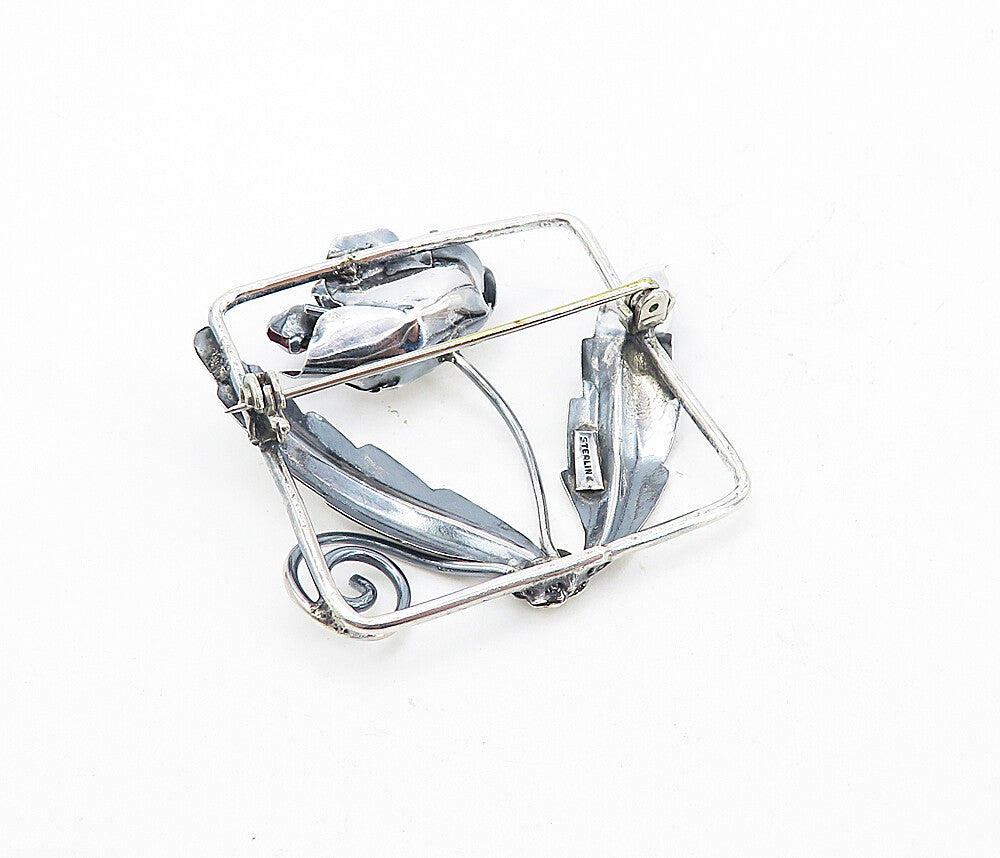 925 Sterling Silver  Vintage Red Topaz Shiny Flower Swirl Brooch Pin  BP3010