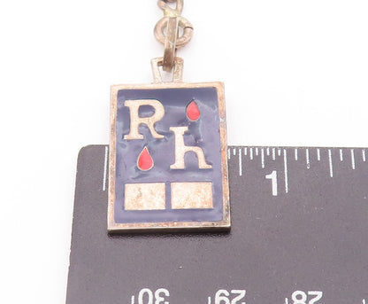 925 Sterling Silver Vintage Key Chain Blue & Red Enameled Carved 'RH'  TR3717