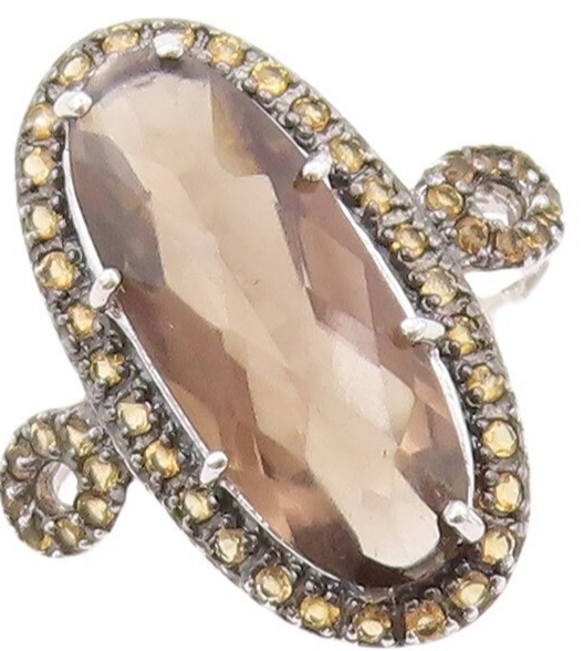 925 Sterling Silver Vintage Ring Oval Smoky Quartz Halo Citrine Sz 10.5  RG30762