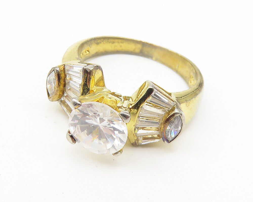 925 Sterling Silver  White Topaz Shiny Gold Plated Band Ring Sz 6  RG11334