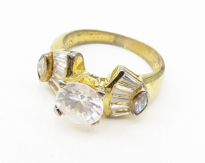 925 Sterling Silver  White Topaz Shiny Gold Plated Band Ring Sz 6  RG11334