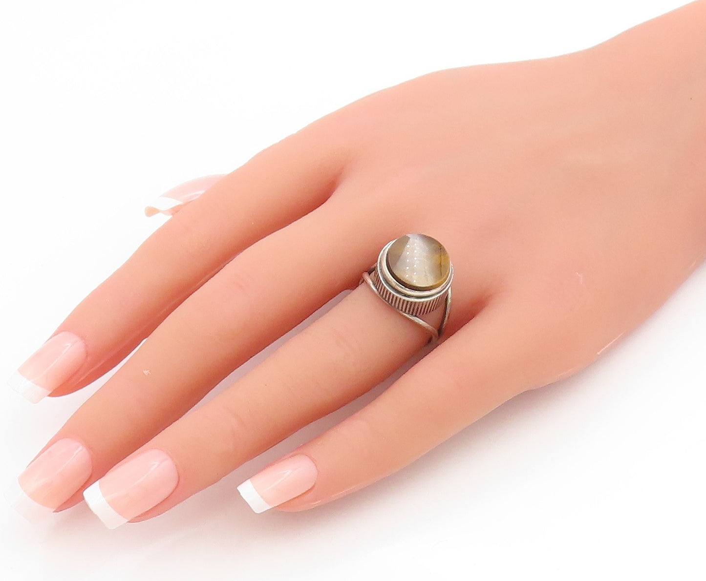 925 Sterling Silver Vintage Ring Round Tiger's Eye Modernist Band Sz 7.5 RG34669