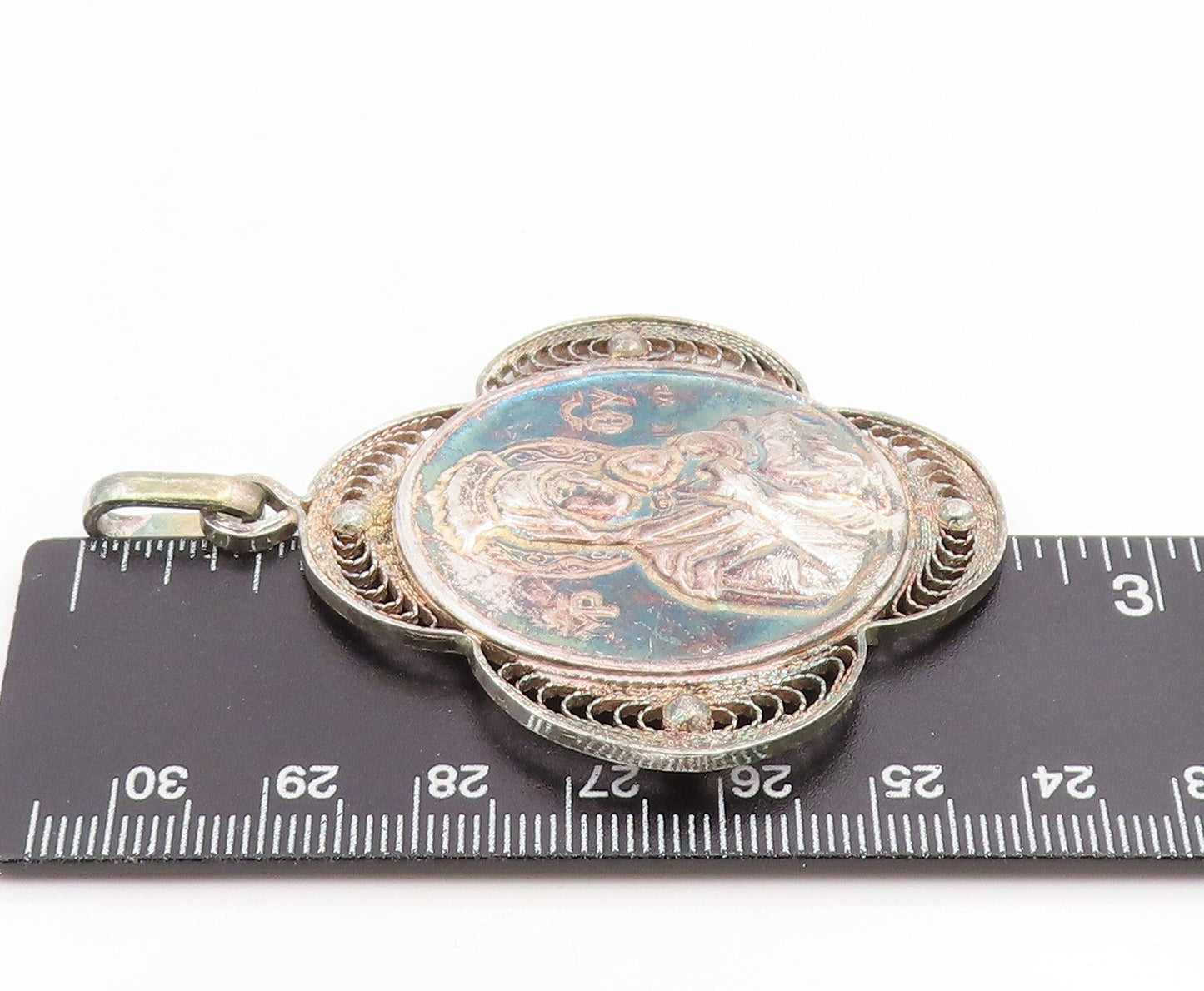 925 Sterling Silver Vintage Pendant Religious Virgin Mary Filigree  PT25942