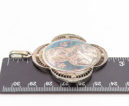 925 Sterling Silver Vintage Pendant Religious Virgin Mary Filigree  PT25942