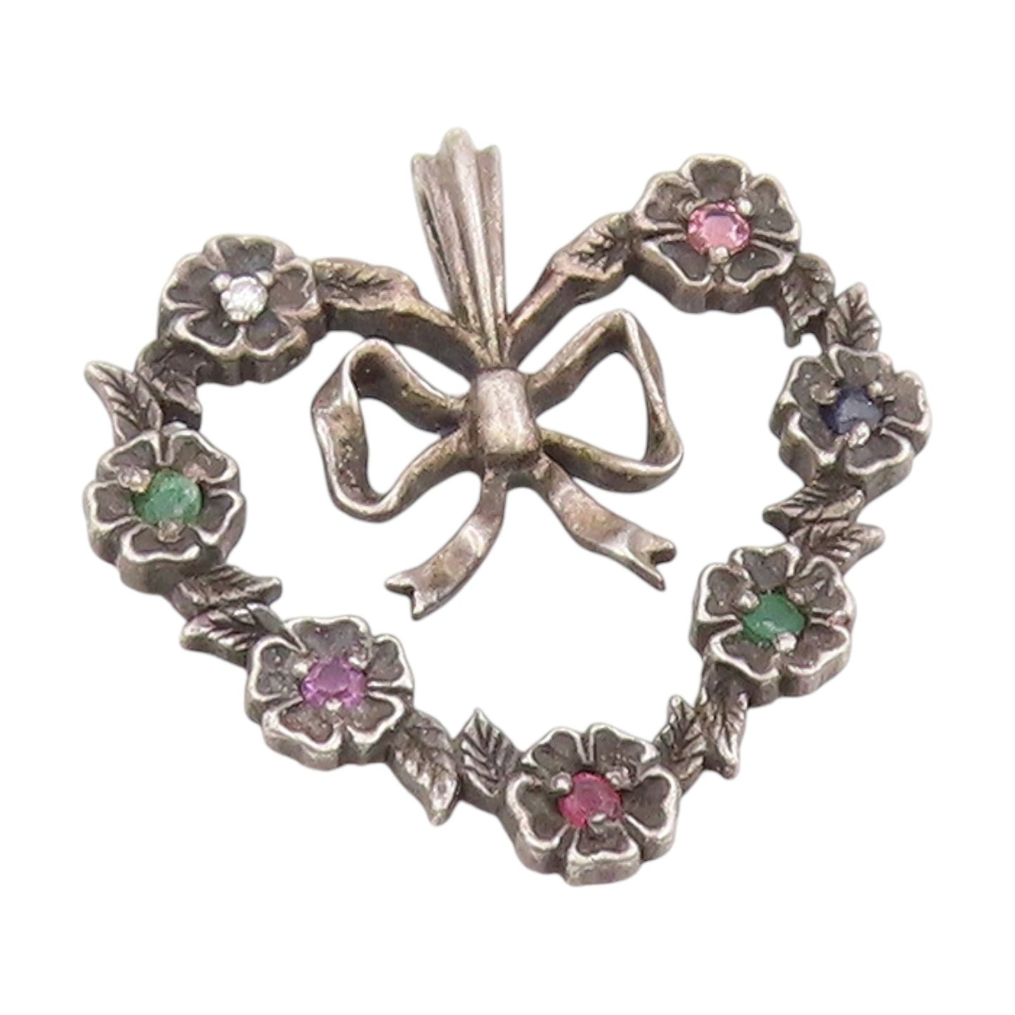 925 Sterling Silver Vintage Pendant Real Gemstones Love Heart & Bow  PT25783