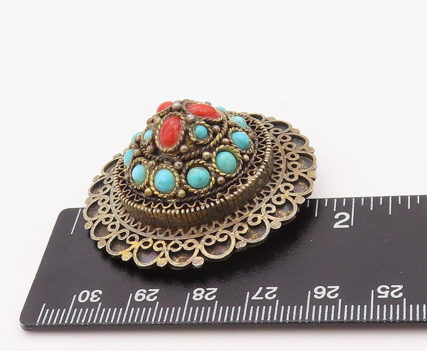 925 Sterling Silver Vintage Brooch Pin ISRAEL Gold Plated Turquoise   BP11217
