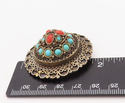 925 Sterling Silver Vintage Brooch Pin ISRAEL Gold Plated Turquoise   BP11217