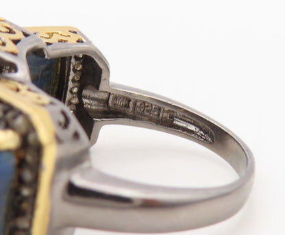 925 Sterling Silver Vintage Ring Diamonds & Rectangle Blue Gemstone Sz 8 RG30323